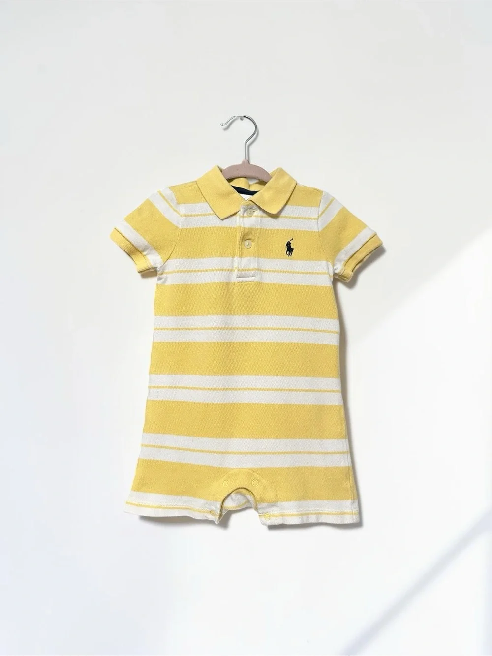 Polo Ralph Lauren Baby Boys' Striped Rugby Collar Shortall, White/Yellow, 9M